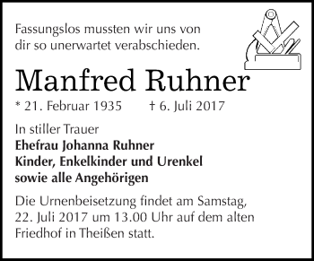 Traueranzeige von Manfred Ruhner von Super Sonntag Zeitz