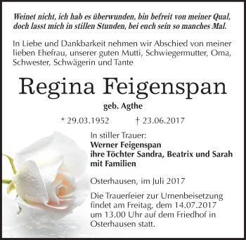 Traueranzeige von Regina Feigenspan von Mitteldeutsche Zeitung Mansfelder Land