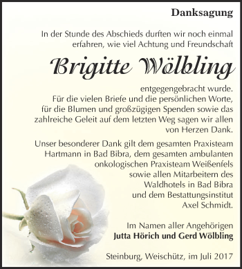 Traueranzeige von Brigitte Wölbling von WVG - Wochenspiegel NMB / WSF / ZTZ