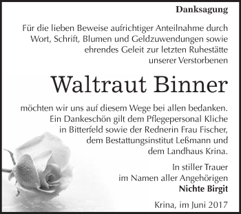 Traueranzeige von Waltraut Binner von WVG - Wochenspiegel Bitterfeld