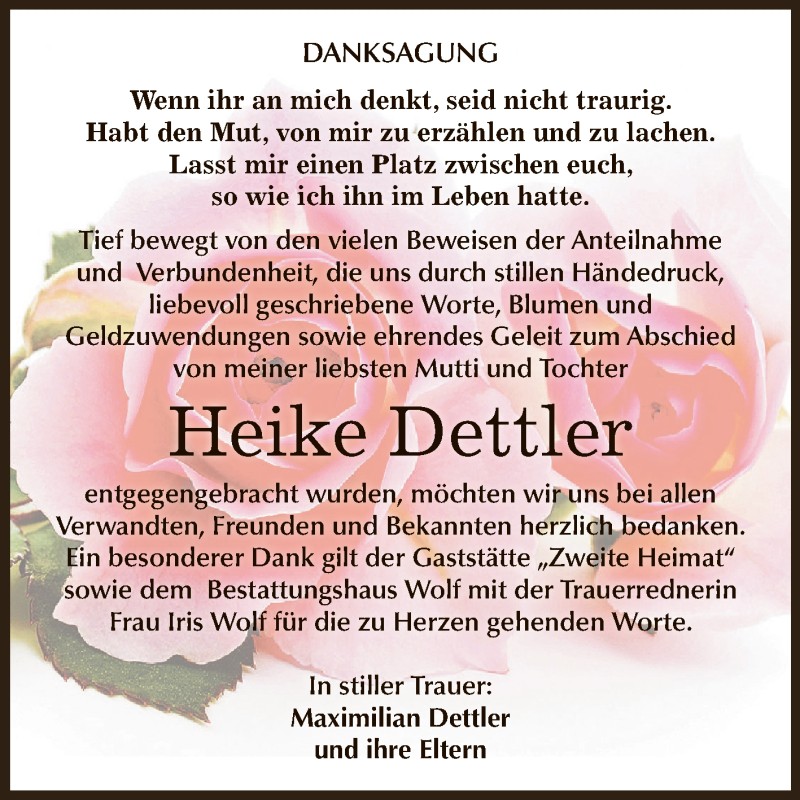  Traueranzeige für Heike Dettler vom 19.07.2017 aus WVG - Wochenspiegel NMB / WSF / ZTZ