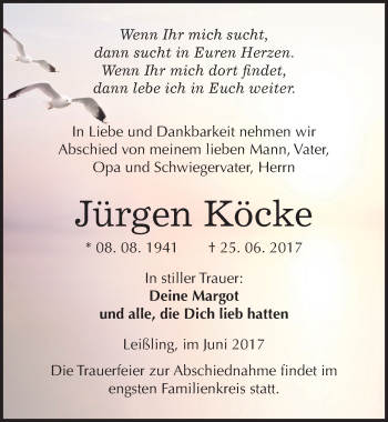 Traueranzeige von Jürgen Köcke von Mitteldeutsche Zeitung Weißenfels