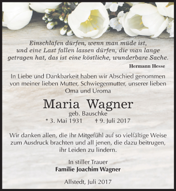 Traueranzeige von Maria Wagner von Mitteldeutsche Zeitung Sangerhausen
