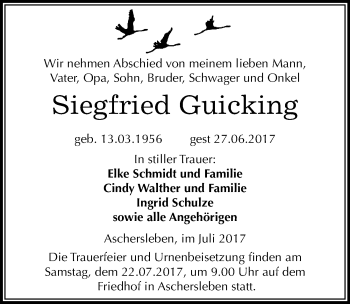 Traueranzeige von Siegfried Guicking von Mitteldeutsche Zeitung Aschersleben
