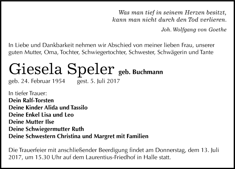  Traueranzeige für Giesela Speler vom 08.07.2017 aus Mitteldeutsche Zeitung Halle/Saalkreis