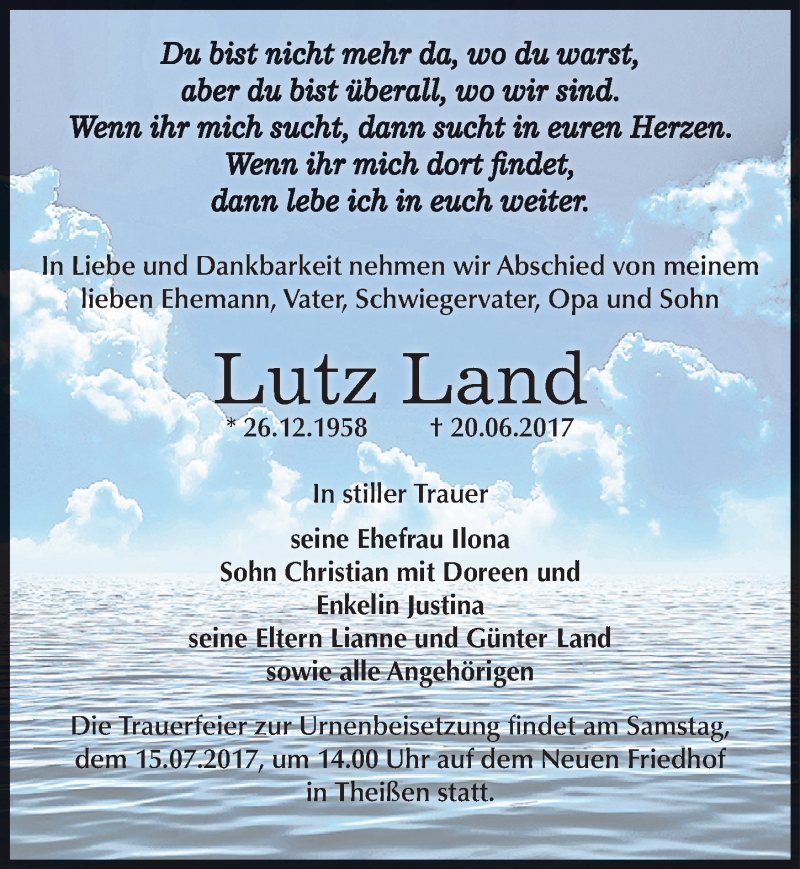  Traueranzeige für Lutz Land vom 01.07.2017 aus Mitteldeutsche Zeitung Zeitz