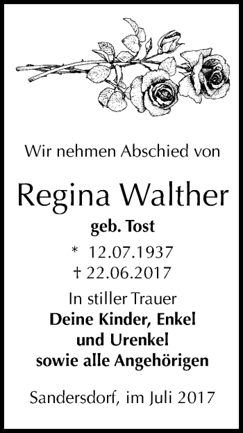 Traueranzeige von Regina Walther von Mitteldeutsche Zeitung Bitterfeld