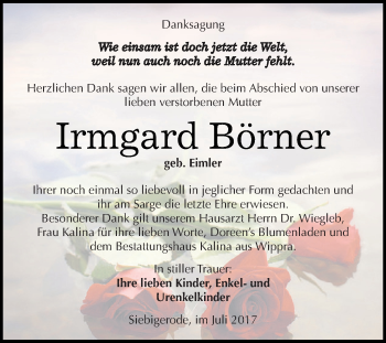 Traueranzeige von Irmgard Börner von Wochenspiegel Mansfelder Land