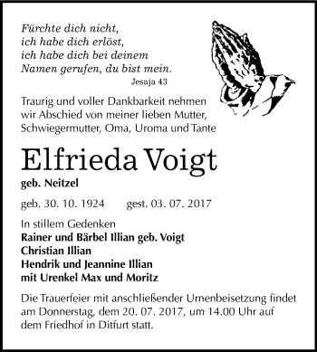 Traueranzeige von Elfrieda Voigt von WVG - Wochenspiegel Quedlinburg