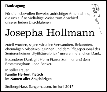 Traueranzeige von Josepha Hollmann von Mitteldeutsche Zeitung Sangerhausen