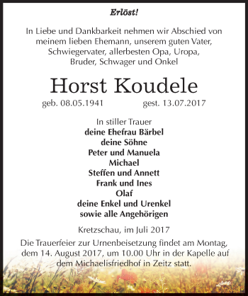 Traueranzeige von Horst Koudele von Mitteldeutsche Zeitung Zeitz