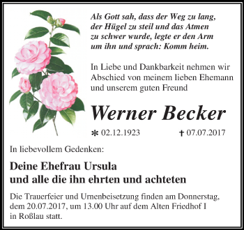Traueranzeige von Werner Becker von WVG - Wochenspiegel Dessau / Köthen