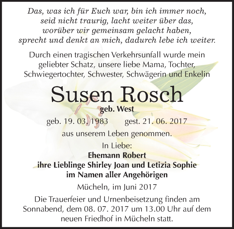  Traueranzeige für Susen Rosch vom 01.07.2017 aus Mitteldeutsche Zeitung Merseburg/Querfurt
