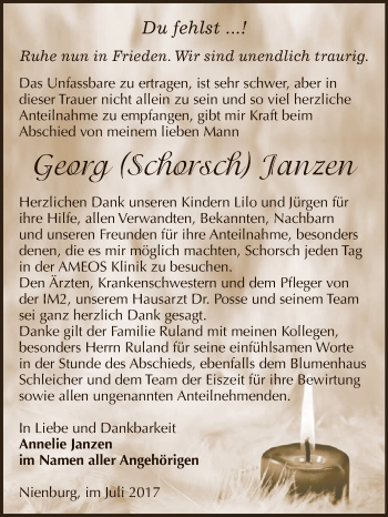 Traueranzeige von Georg Janzen von Super Sonntag Bernburg