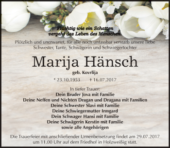 Traueranzeige von Marija Hänsch von Mitteldeutsche Zeitung Bitterfeld