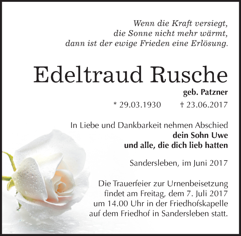  Traueranzeige für Edeltraud Rusche vom 01.07.2017 aus Mitteldeutsche Zeitung Aschersleben