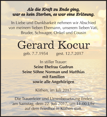 Traueranzeige von Gerard Kocur von Mitteldeutsche Zeitung Köthen