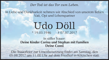 Traueranzeige von Udo Döll von WVG - Wochenspiegel Merseburg
