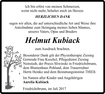 Traueranzeige von Helmut Kubiack von Super Sonntag Quedlinburg