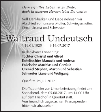Traueranzeige von Waltraud Undeutsch von WVG - Wochenspiegel Merseburg