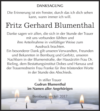 Traueranzeige von Fritz Gerhard Blumenthal von Super Sonntag Bernburg
