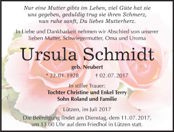 Traueranzeige von Ursula Schmidt von Mitteldeutsche Zeitung Weißenfels