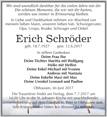 Traueranzeige von Erich Schröder von Mitteldeutsche Zeitung Merseburg/Querfurt