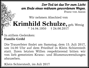 Traueranzeige von Krimhild Schulze von Mitteldeutsche Zeitung Aschersleben