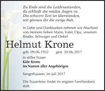 Traueranzeige von Helmut Krone von Mitteldeutsche Zeitung Sangerhausen