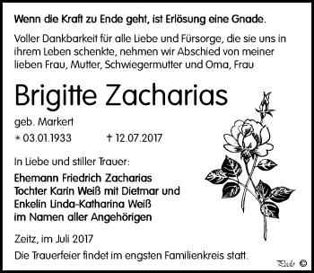 Traueranzeige von Brigitte Zacharias von Mitteldeutsche Zeitung Zeitz