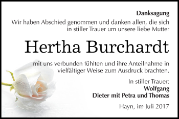 Traueranzeige von Hertha Burchardt von Super Sonntag SGH Mansf. Land