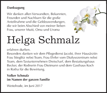 Traueranzeige von Helga Schmalz von Mitteldeutsche Zeitung Sangerhausen