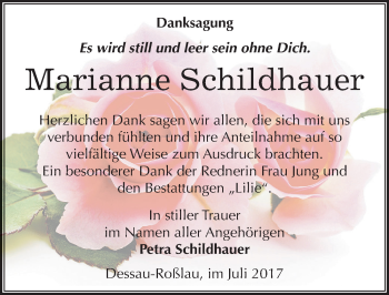 Traueranzeige von Marianne Schildhauer von Mitteldeutsche Zeitung Dessau-Roßlau