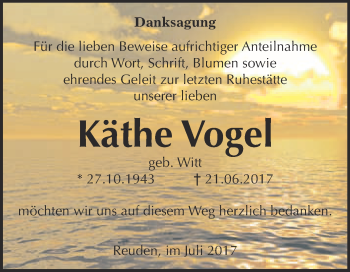 Traueranzeige von Käthe Vogel von Super Sonntag Wittenberg