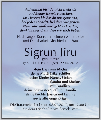 Traueranzeige von Sigrun Jiru von Mitteldeutsche Zeitung Mansfelder Land