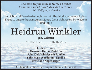 Traueranzeige von Heidrun Winkler von Mitteldeutsche Zeitung Sangerhausen