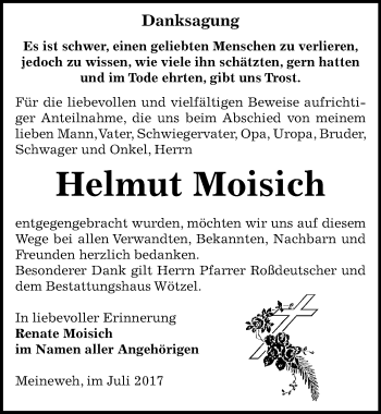 Traueranzeige von Helmut Moisich von Mitteldeutsche Zeitung Zeitz
