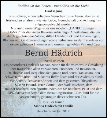 Traueranzeige von Bernd Hädrich von WVG - Wochenspiegel NMB / WSF / ZTZ