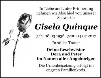 Traueranzeige von Gisela Quinque von WVG - Wochenspiegel Bitterfeld