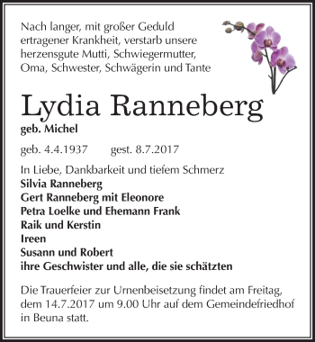 Traueranzeige von Lydia Ranneberg von Mitteldeutsche Zeitung Merseburg/Querfurt