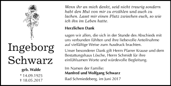 Traueranzeige von Ingeborg Schwarz von Mitteldeutsche Zeitung Wittenberg