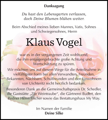 Traueranzeige von Klaus Vogel von WVG - Wochenspiegel NMB / WSF / ZTZ