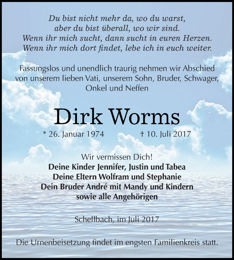  Traueranzeige für Dirk Worms vom 15.07.2017 aus Super Sonntag Zeitz