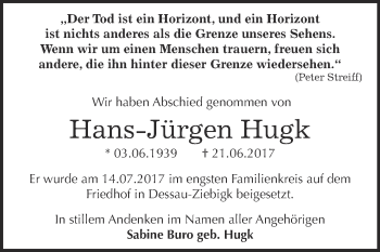 Traueranzeige von Hans-Jürgen Hugk von WVG - Wochenspiegel Dessau / Köthen