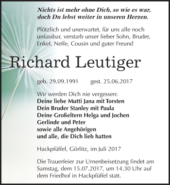 Traueranzeige von Richard Leutiger von Mitteldeutsche Zeitung Sangerhausen
