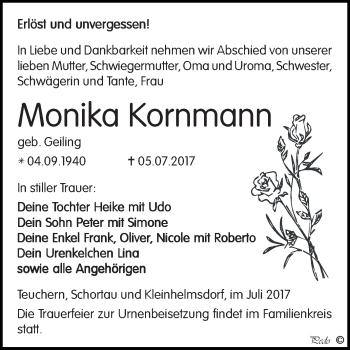 Traueranzeige von Monika Kornmann von WVG - Wochenspiegel NMB / WSF / ZTZ