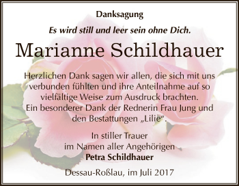 Traueranzeige von Marianne Schildhauer von WVG - Wochenspiegel Dessau / Köthen