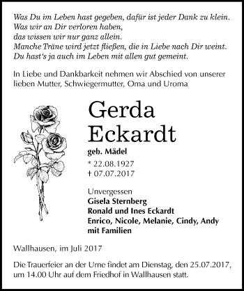 Traueranzeige von Gerda Eckardt von Mitteldeutsche Zeitung Sangerhausen