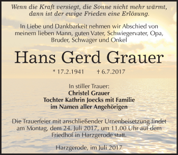 Traueranzeige von Hans Gerd Grauer von Mitteldeutsche Zeitung Quedlinburg