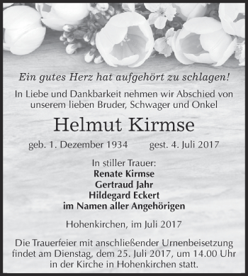 Traueranzeige von Helmut Kirmse von Super Sonntag Zeitz